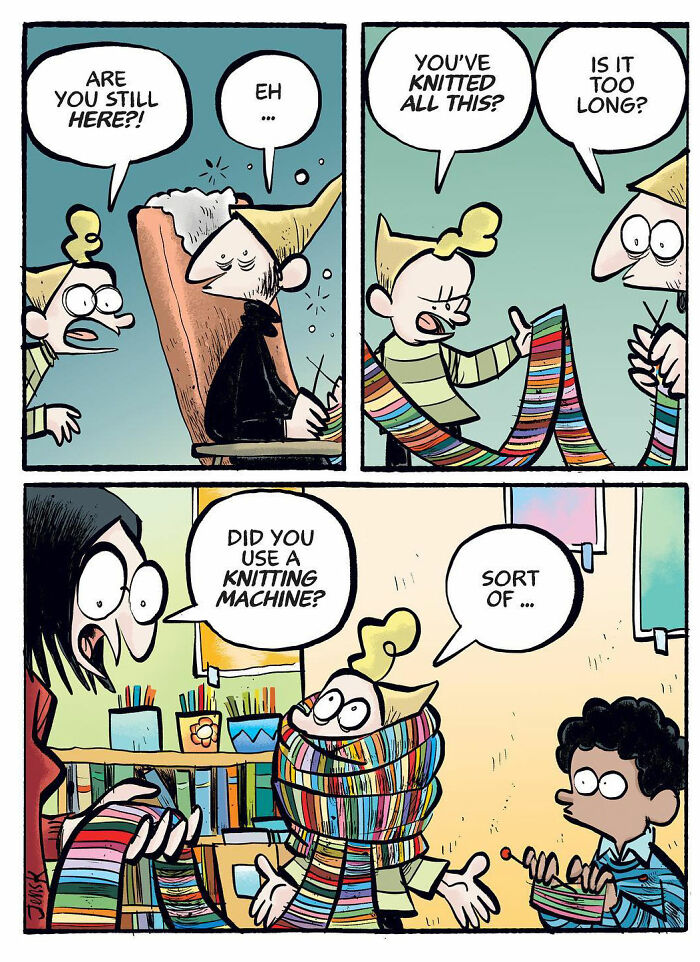 Norwegian artist Jens K. Styve's comic shows a character overwhelmed by a long, colorful scarf, humorously asking about knitting.