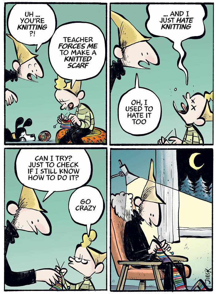 Comic by Norwegian artist Jens K. Styve about knitting struggles, featuring humorous dialogue between two characters.