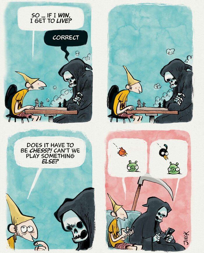 A comic by Norwegian artist Jens K. Styve featuring a character negotiating a chess game with the Grim Reaper.