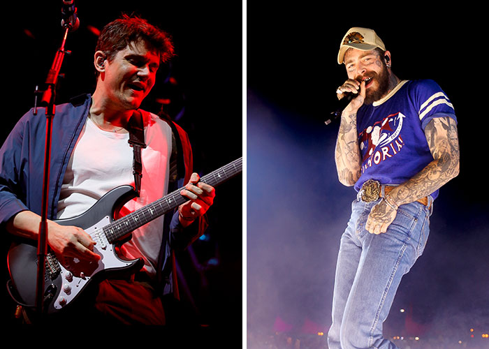 Two musicians performing at Coachella 2025, one playing guitar, the other singing in a blue shirt with a cap.