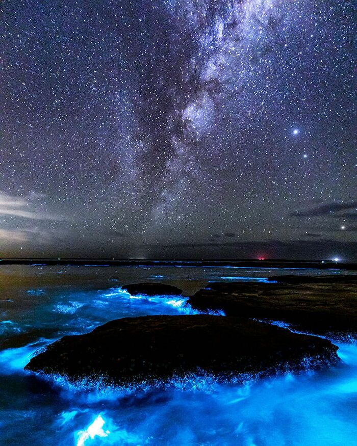 Ocean and sky merge with glowing blue waves under starry night captured by Jordan Robins.