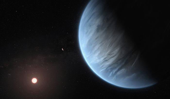 Alien life signs detected on distant planet, 120 lightyears away, with cosmic view of exoplanet and nearby star. Alien life signs detected on distant planet, 120 lightyears away, with cosmic view of exoplanet and nearby star.