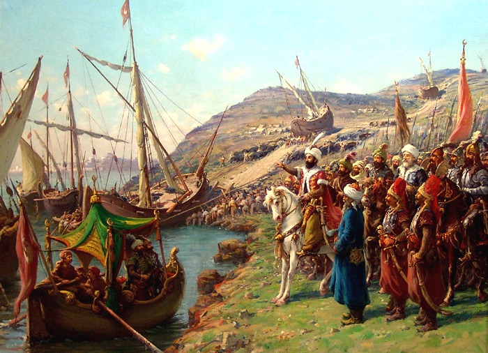Historical painting depicting a gathering by Roman-era ships near a coastline, with figures in detailed attire.