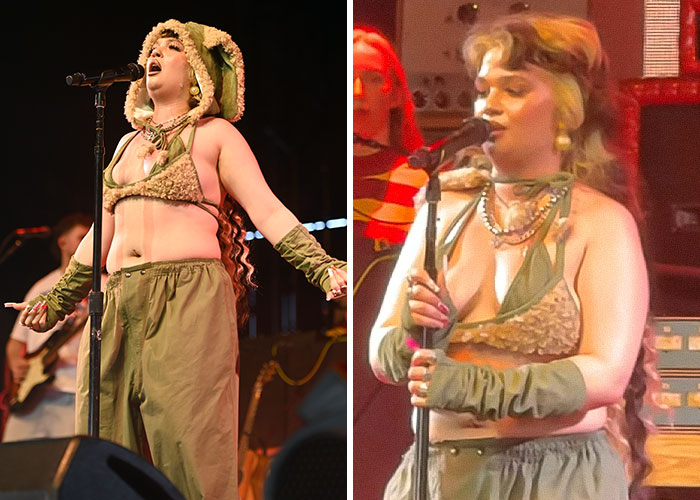 Singer at Coachella 2025 in green outfit, performing under vibrant stage lights.