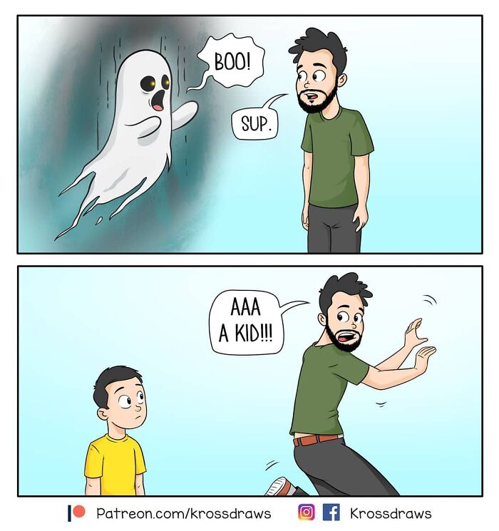 Illustration of daily struggles and awkward moments with a ghost saying "Boo!" and a man startled by a child.