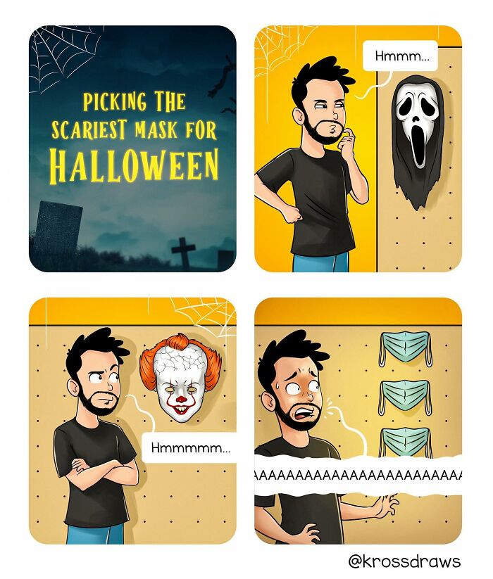 Comic of a man choosing Halloween masks, ending with fear at a wall of surgical masks.