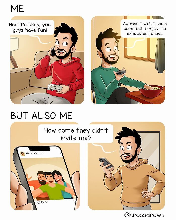 Comic about daily struggles; a man declines plans, then feels left out seeing friends online.