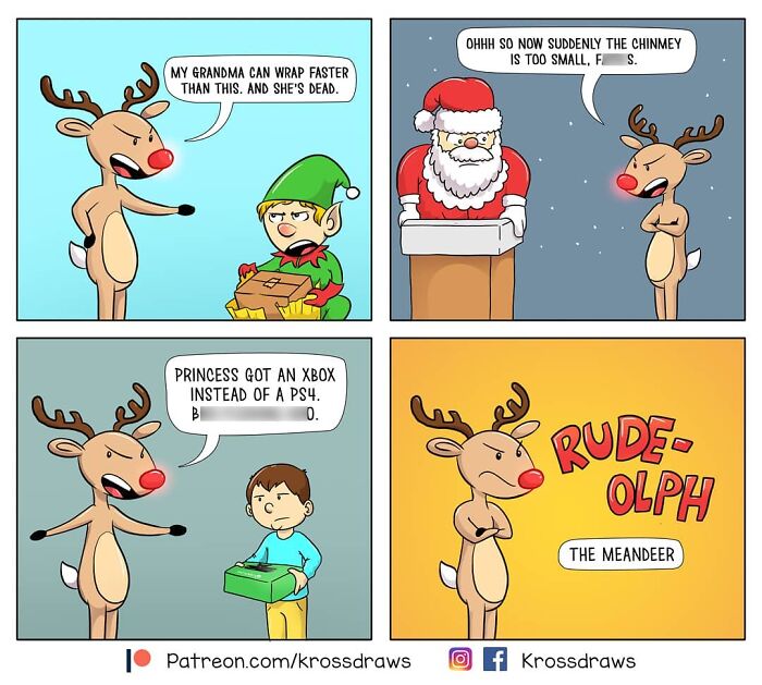 Comic strip by an artist depicting a reindeer humorously addressing daily struggles and awkward moments with Santa and an elf.