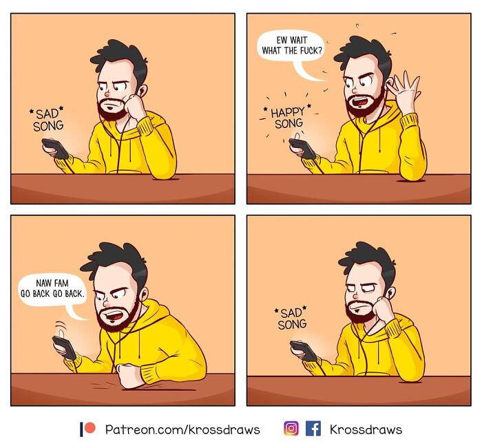 Relatable comic strip shows a man reacting to a song change, depicting daily struggles and awkward moments.