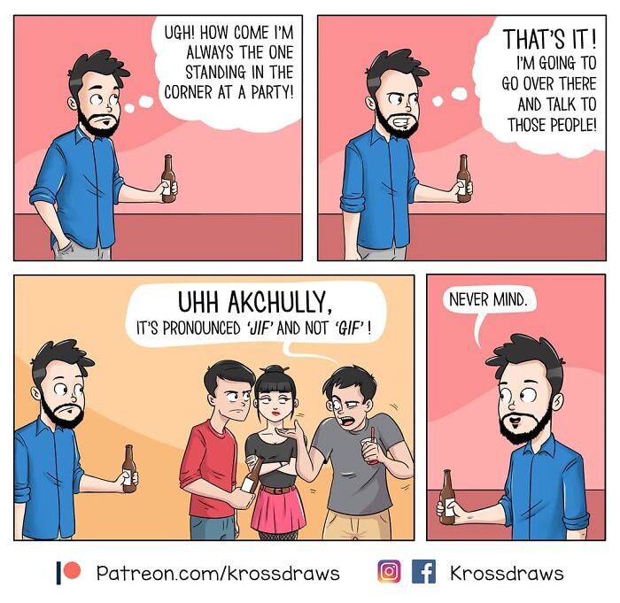 A comic about relatable daily struggles at parties, featuring a character debating the pronunciation of "GIF."