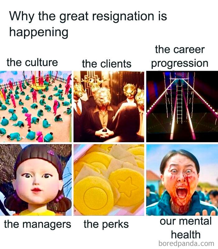 Work memes collage illustrating struggles like culture, clients, career progression, managers, perks, and mental health.