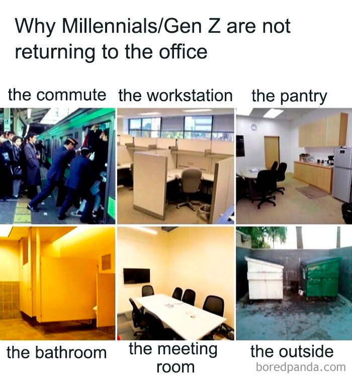 Work memes showing six reasons employees struggle with office return, including the commute, workstation, and pantry.