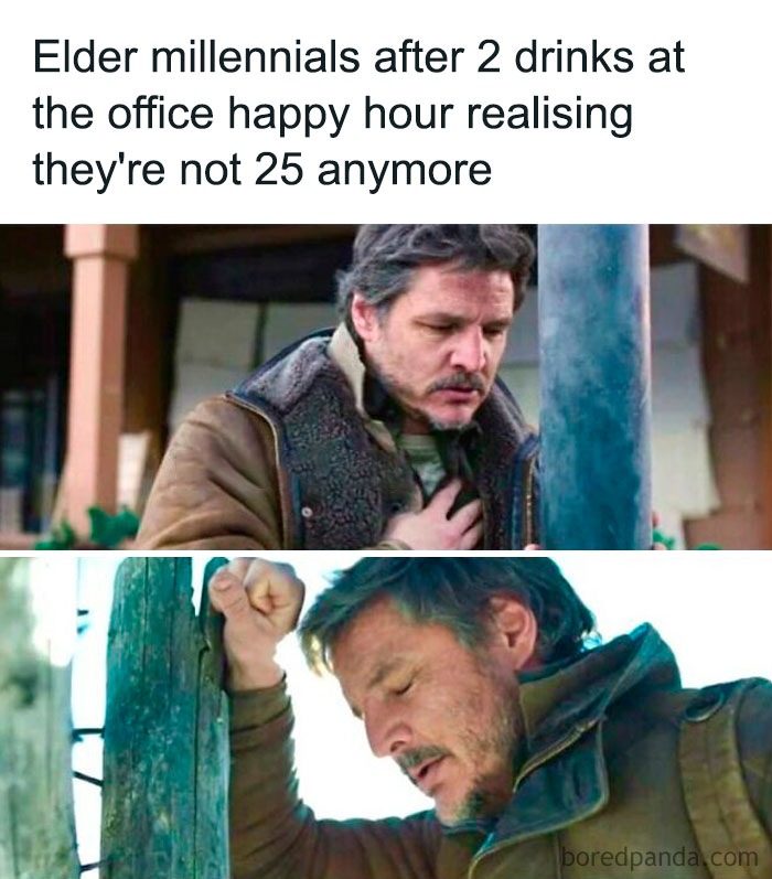 Elder millennial struggling at office happy hour, realizing age.