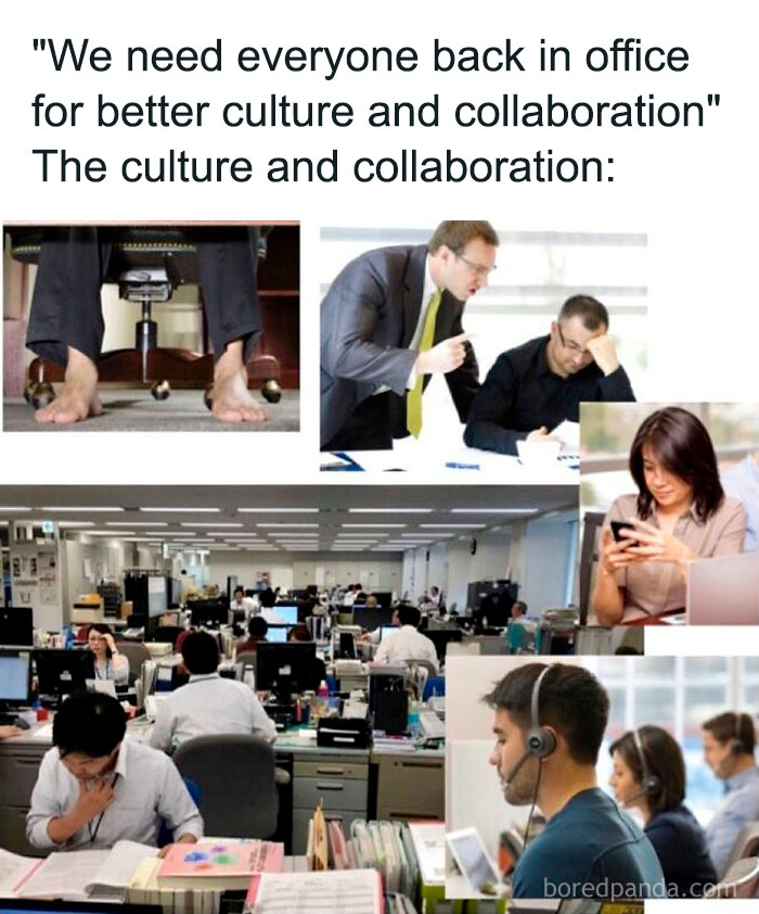 Office memes highlighting work culture and collaboration, featuring busy employees in various office settings.