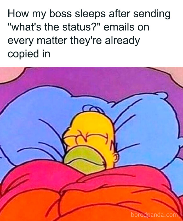 Employee work meme of a character sleeping soundly, highlighting relatable work frustrations with email communication.