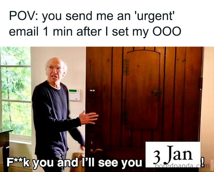 Person reacting humorously to an urgent work email just after setting an out-of-office reply.