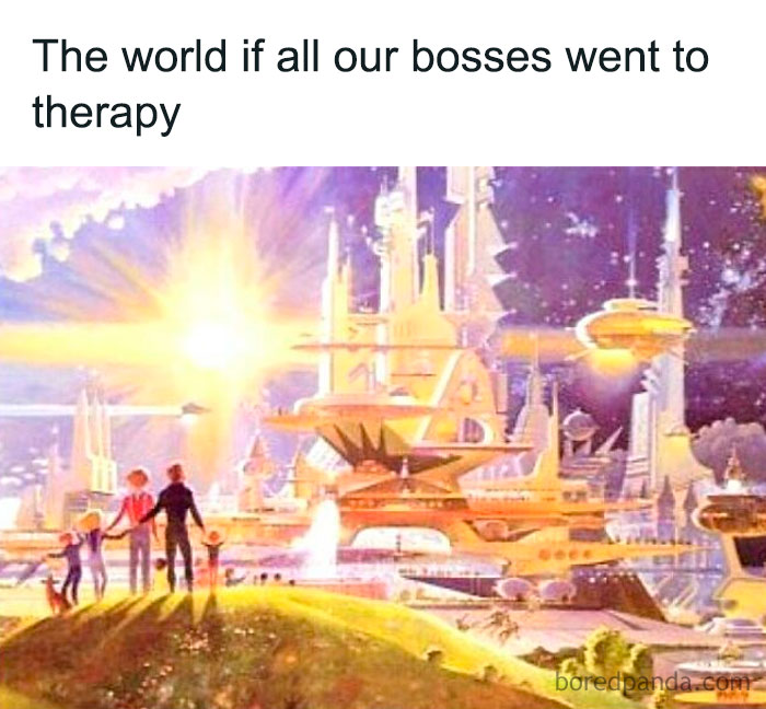 Futuristic cityscape with people gazing, captioned about bosses and therapy, related to work memes for struggling employees.