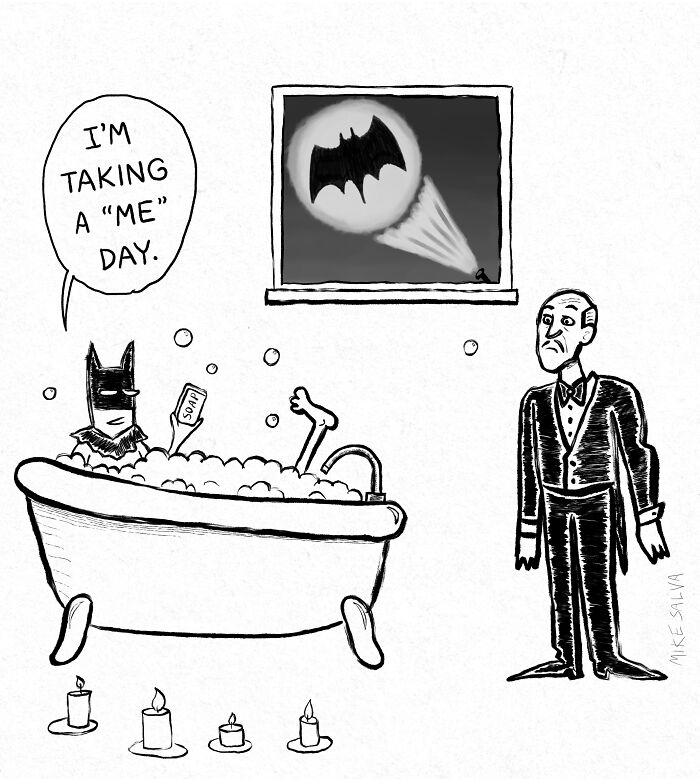 Comic by Mike Salva showing a superhero in the bathtub with a speech bubble about taking a me day, capturing nerd life and social anxiety.
