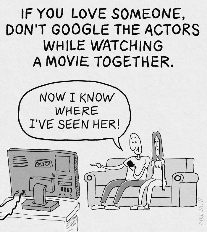 Comic by Mike Salva showing a couple watching TV with a humorous take on social anxiety and everyday struggles.