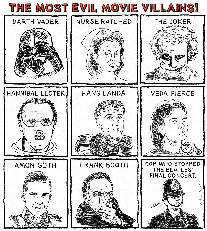 Comic by Mike Salva depicting famous movie villains, capturing nerd life and everyday struggles with social anxiety.