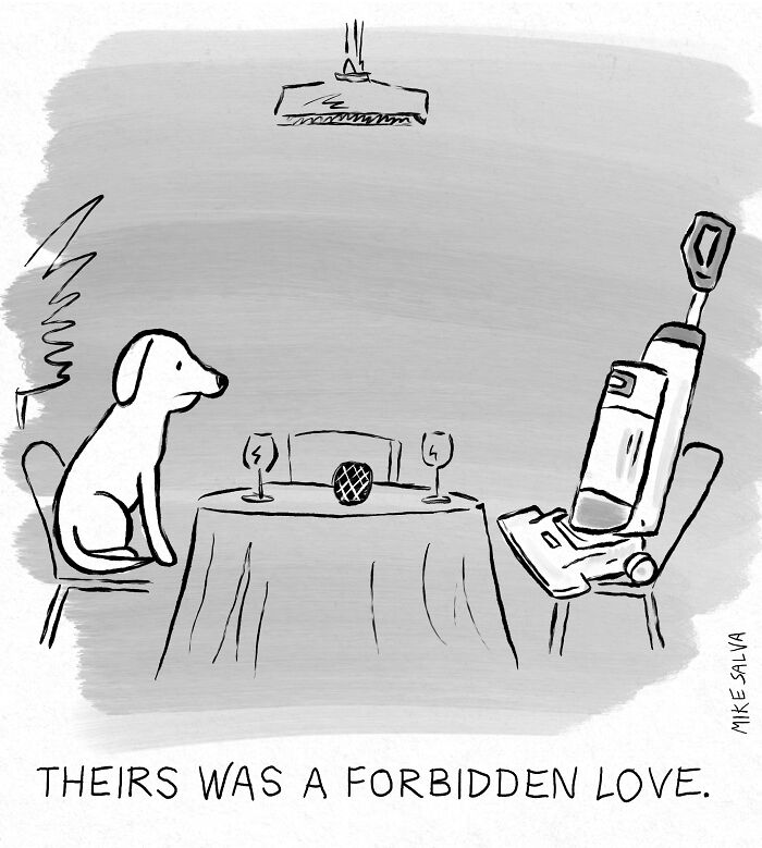 Black and white comic by Mike Salva showing a dog and vacuum at a dinner table, capturing social anxiety and everyday struggles.
