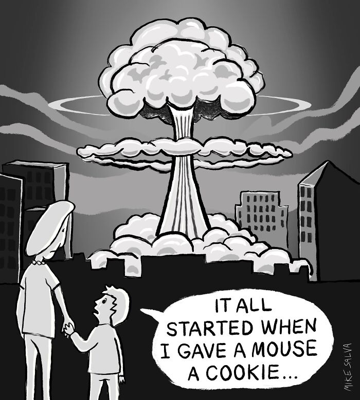 Black and white comic by Mike Salva showing a child and adult watching an explosion with a caption about social anxiety and nerd life.