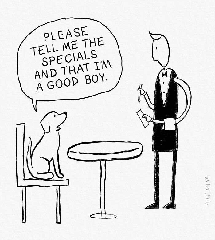Comic by Mike Salva showing social anxiety through a dog asking a waiter about specials and reassurance.