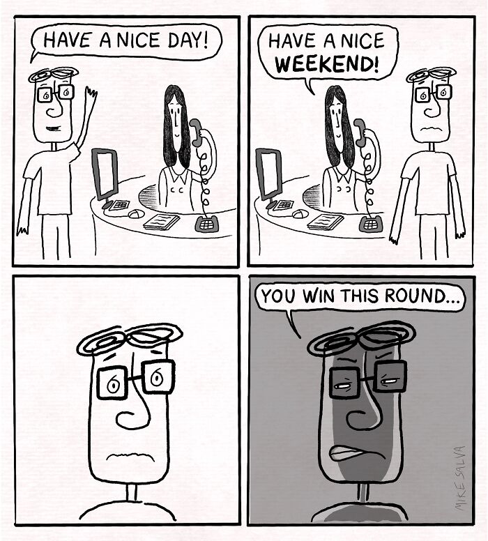 Comic strip by Mike Salva showing a social anxiety moment with awkward greetings and self-reflection.