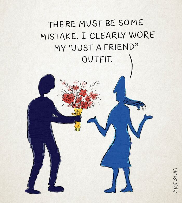 Comic by Mike Salva showing social anxiety and nerd life with a person confused about their just a friend outfit.