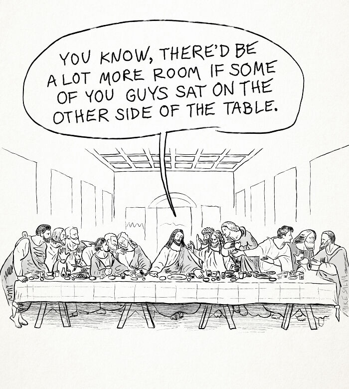 Comic by Mike Salva humorously depicting social anxiety and everyday struggles around a crowded table.