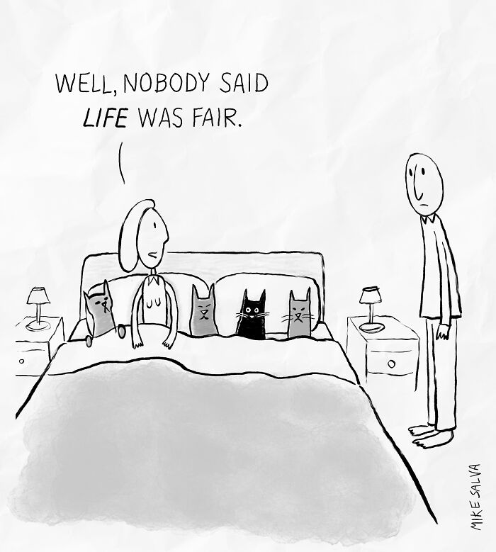 Comic by Mike Salva showing social anxiety and everyday struggles with a woman, man, and cats in bed.