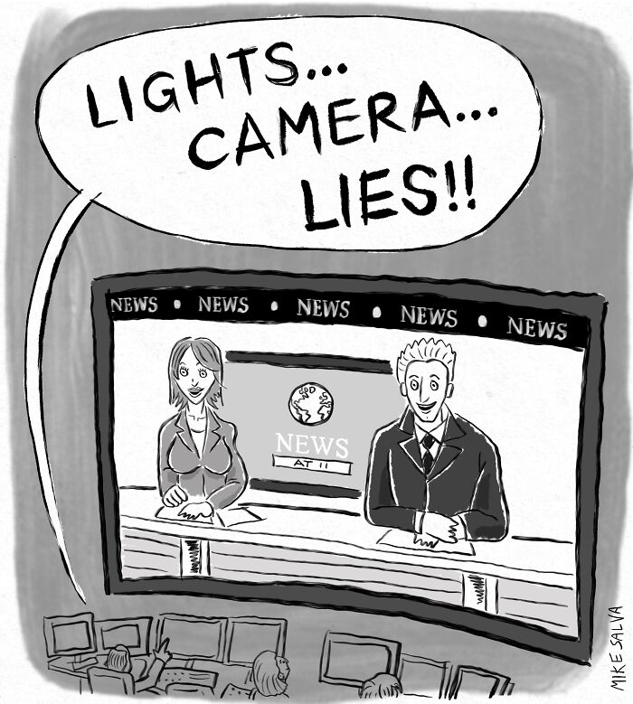 Cartoon comic illustrating social anxiety and everyday struggles with news anchors and dialogue saying Lights Camera Lies.
