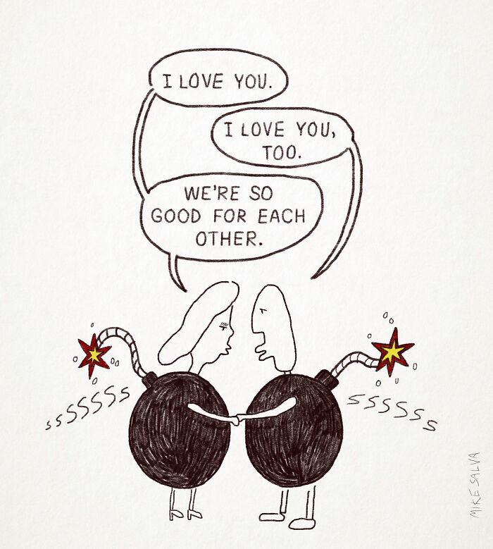 Cartoon of two people with b**b bodies holding hands, capturing social anxiety and everyday struggles in nerd life.