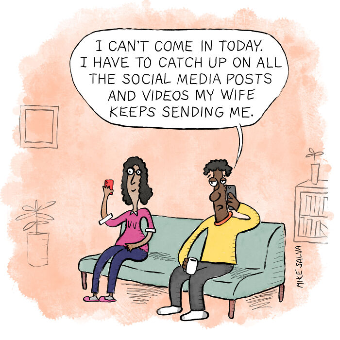 Comic by Mike Salva showing social anxiety and everyday struggles with a man explaining his excuse over the phone.