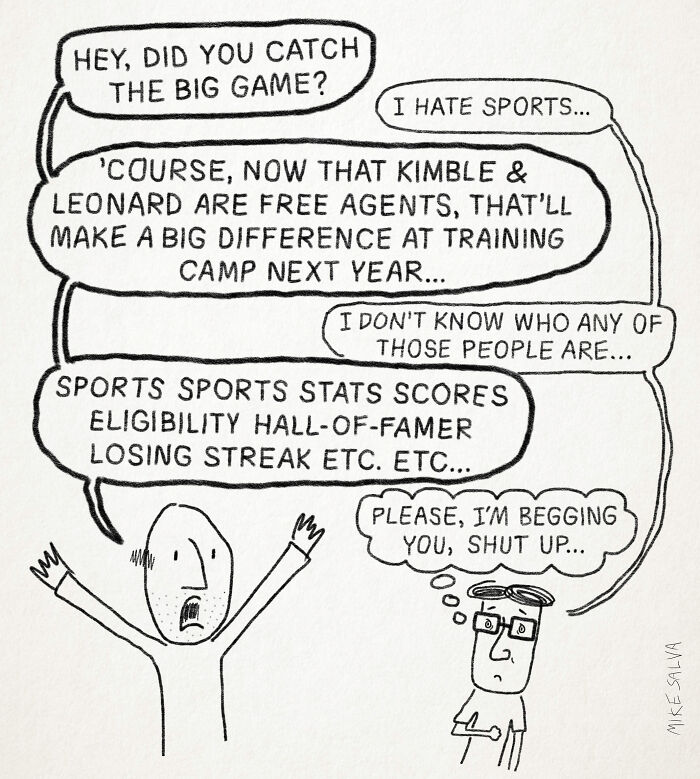 Comic strip showing two characters discussing sports, capturing social anxiety and everyday struggles in nerd life by Mike Salva.