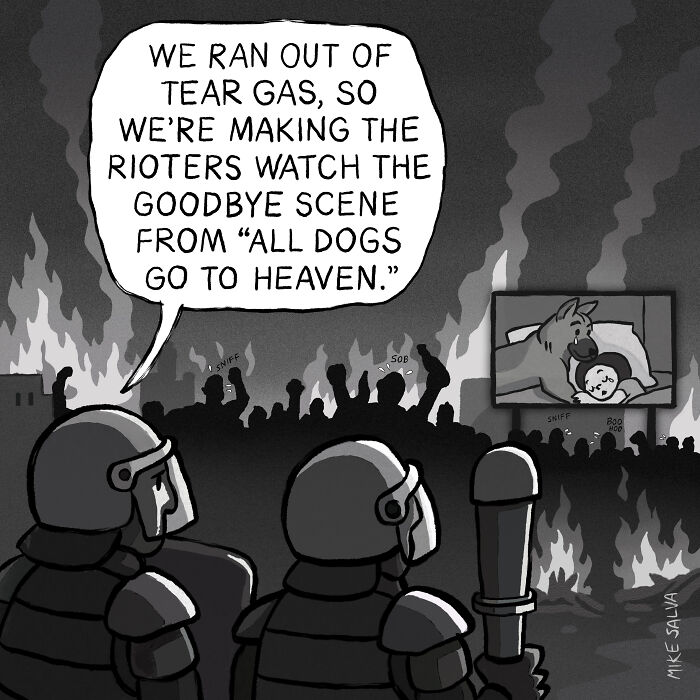 Cartoon by Mike Salva showing riot police replacing tear gas with emotional movie scenes to disperse crowd.