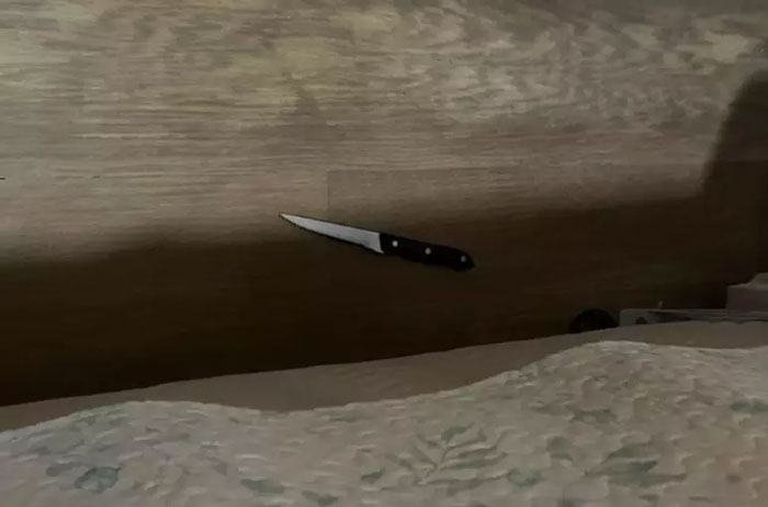 Knife on wooden floor near patterned fabric, related to a controversial domestic incident.