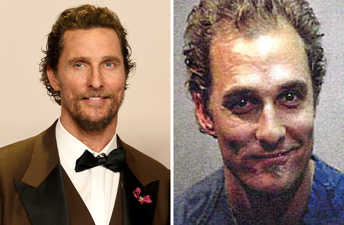 "Actor in tuxedo and historical mugshot highlighting Hollywood scandals."