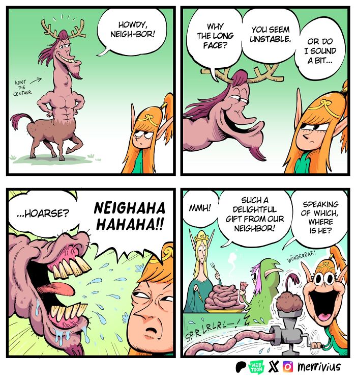 A funny comic by Merrivius featuring a human-hating elf and a centaur in a humorous interaction.