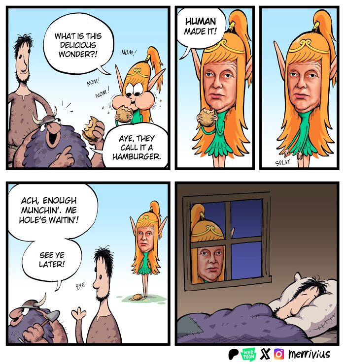 Elf and orc enjoy a hamburger; fantasy characters by Merrivius in a comic strip.