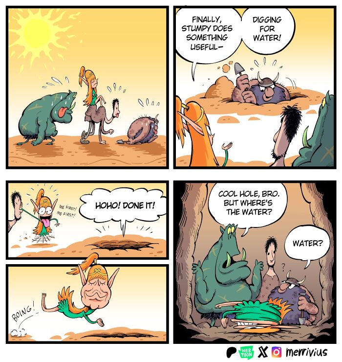 Comic strip featuring a human-hating elf, orcs, and dwarves humorously digging a hole in search of water.