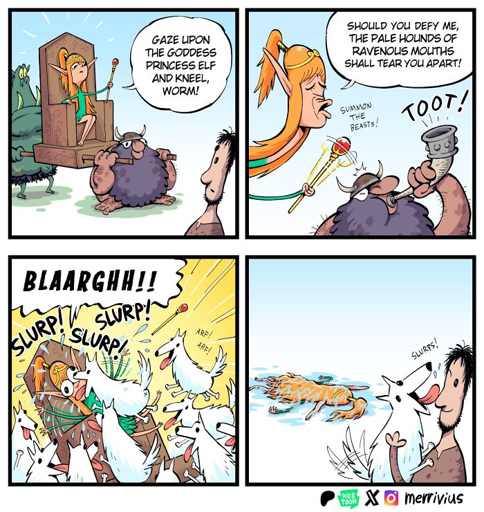 Funny comic featuring an elf commanding orcs and fantasy creatures with humorous chaos.
