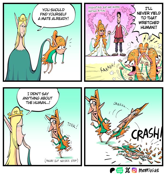 Funny comic featuring human-hating elf in a chaotic series with fantasy characters including orcs and dwarves.