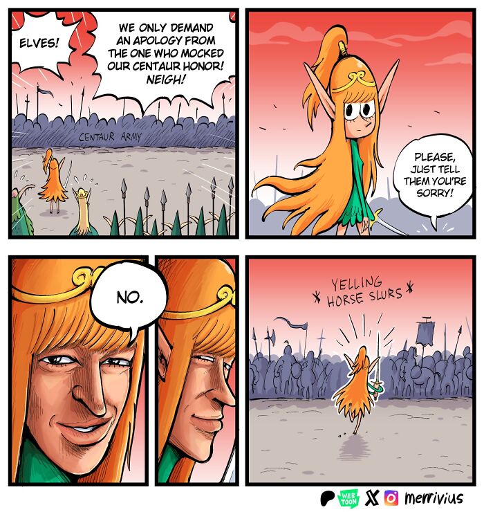 A humorous comic featuring a human-hating elf refusing to apologize to a centaur army, with fantasy characters in the background.