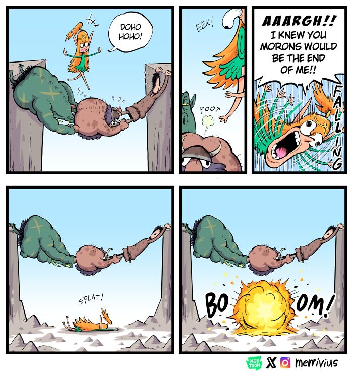 Funny comic featuring a mischievous elf and fantasy characters like orcs and dwarves in a humorous mishap.