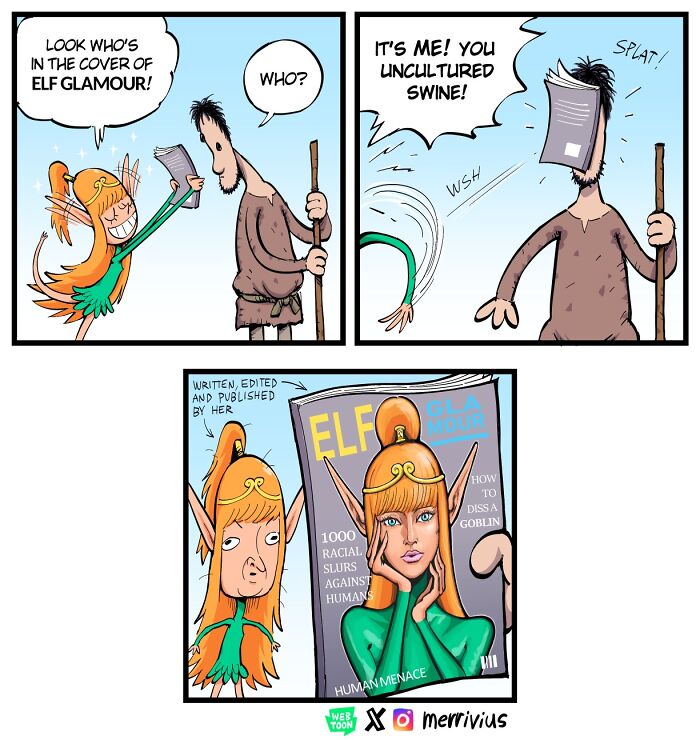 Elf presenting a magazine cover to a human in a comic strip by Merrivius, featuring fantasy characters like elves and humans.