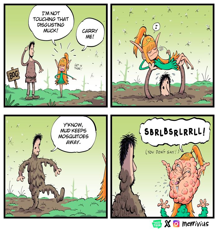 A funny comic by Merrivius featuring a human-hating elf refusing to touch mud and humorously encountering mosquitoes.