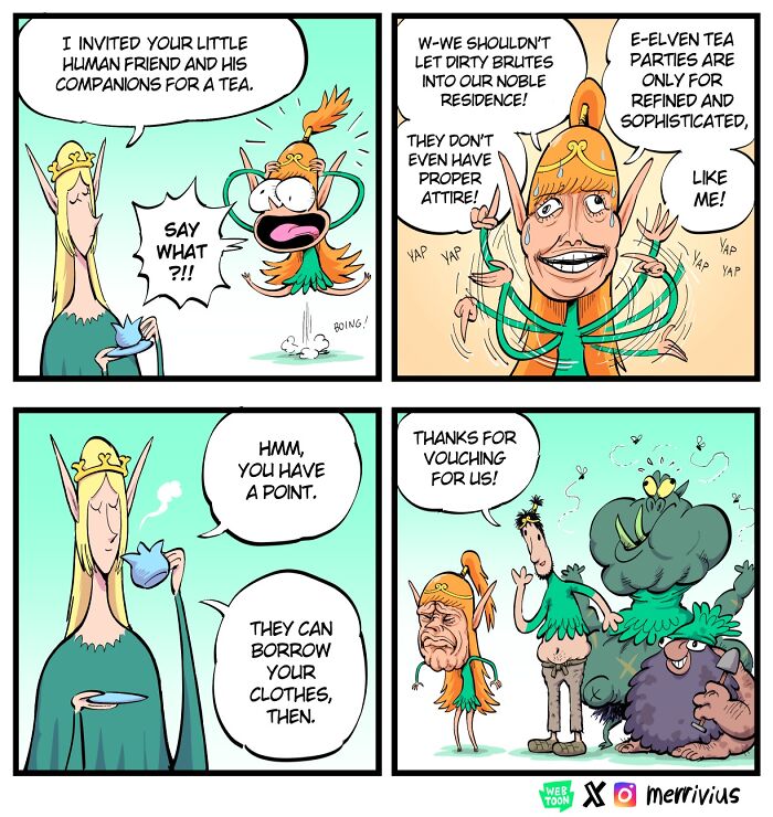 Funny comic by Merrivius with an elf discussing tea party etiquette with fantasy characters like orcs and dwarves.