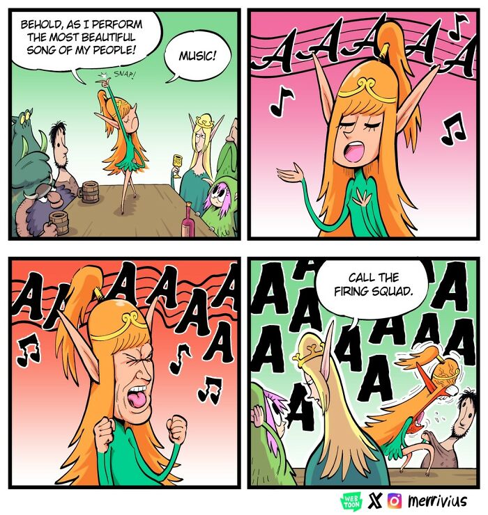 Funny comic featuring an elf singing loudly, annoying fantasy characters like orcs and dwarves at a table.