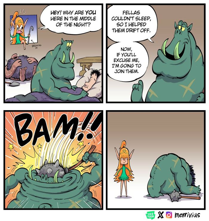 Elf, orcs, and fantasy characters in a comic strip make a funny situation at night, featuring Merrivius.